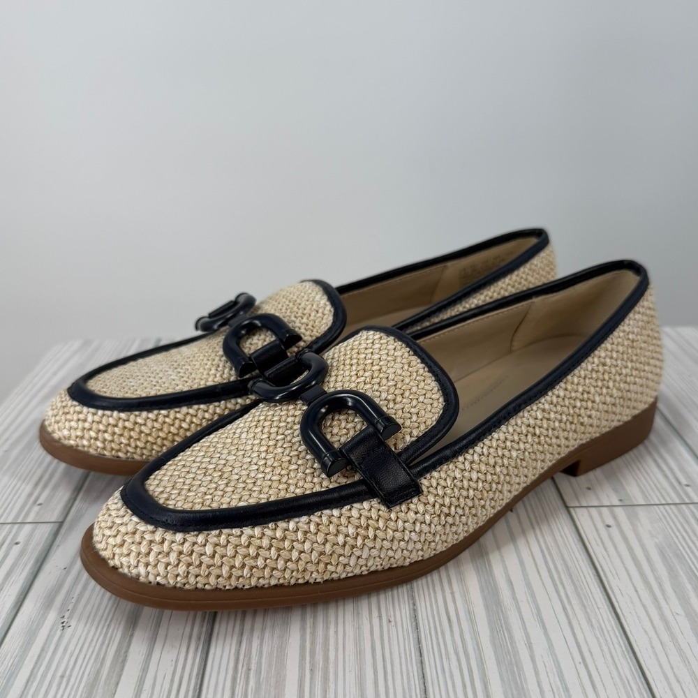 Kenneth Cole Linda Bit Raffia Woven Loafers Tan Black Shoes Flats Women's 7.5M